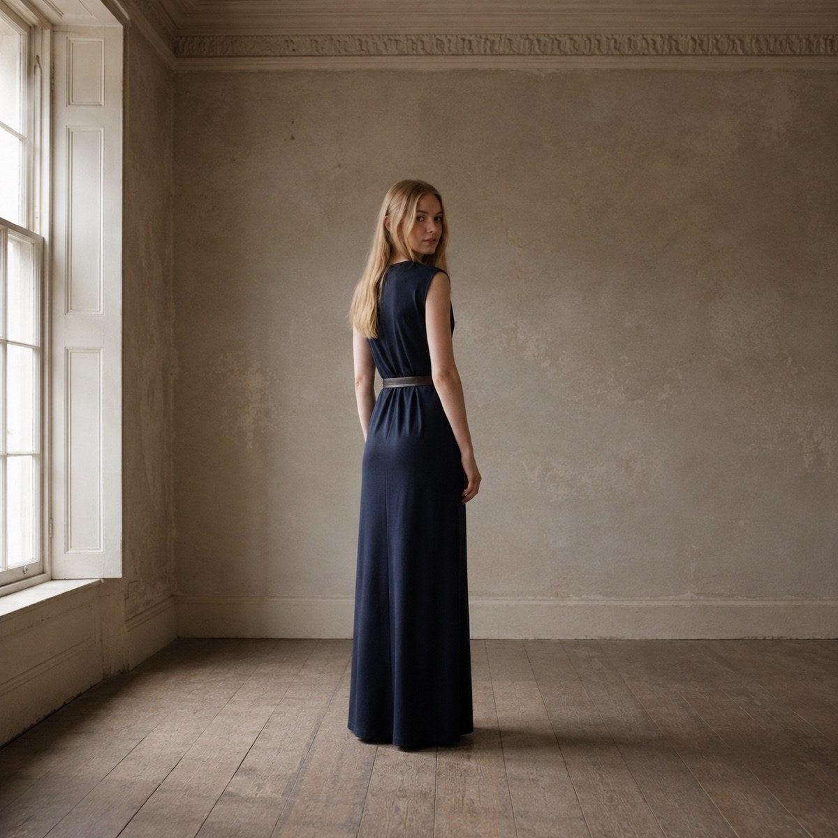 shown worn, from the side — Downe sleeveless column dress, Everyday Column Dresses by ORASCI.