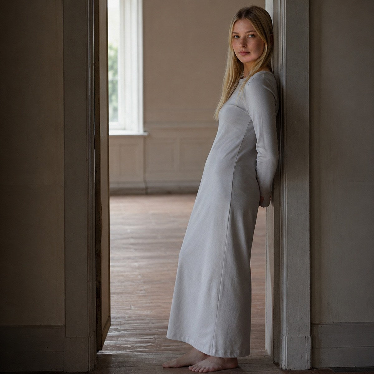 shown worn, from the side — Alder Lane straight column dress, Everyday Column Dresses by ORASCI.