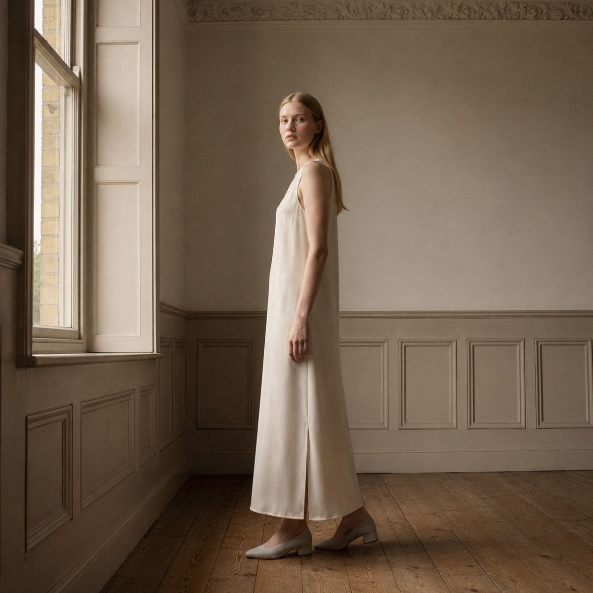 shown worn, from the side — Chislehurst sleeveless column dress, Everyday Column Dresses by ORASCI.