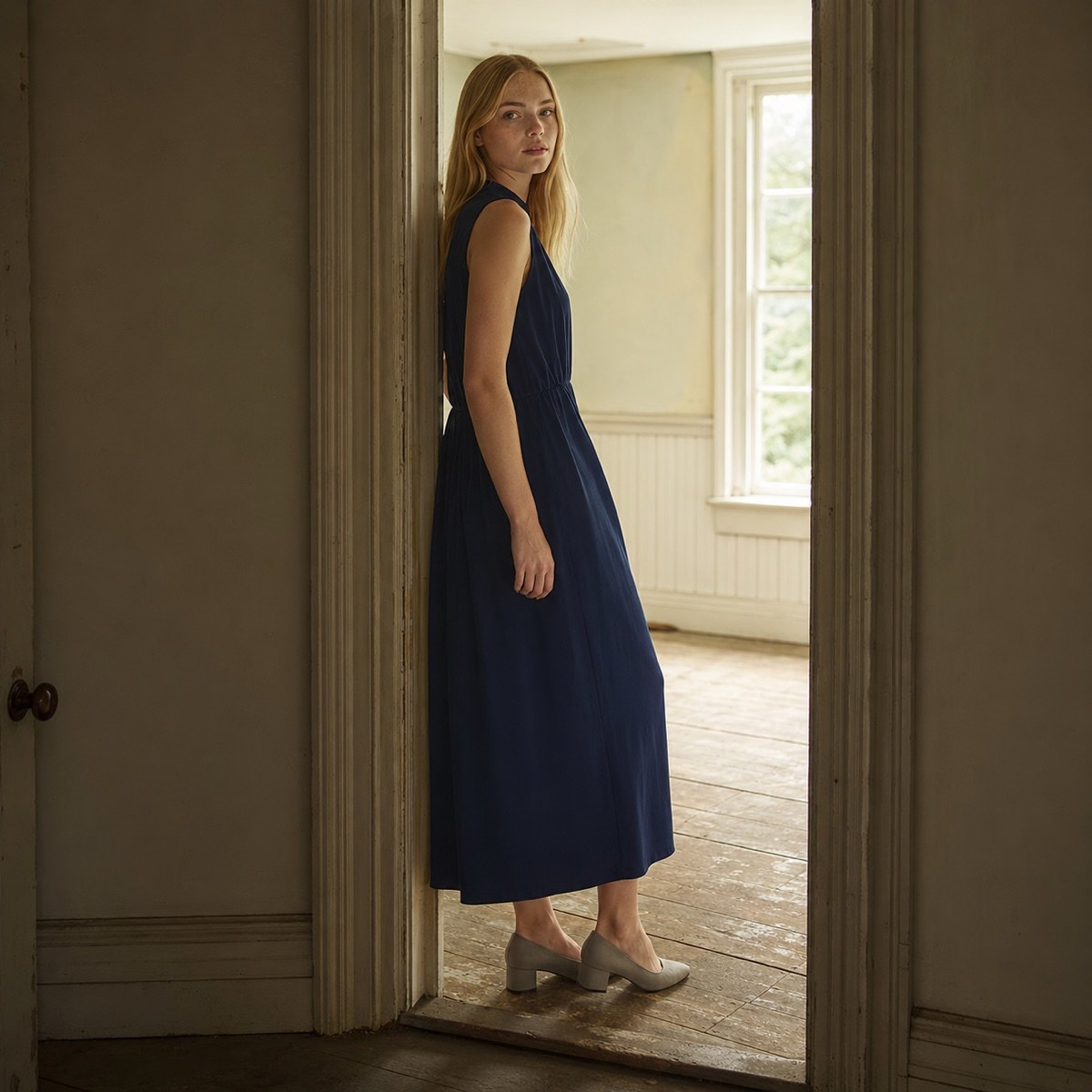 shown worn, from the side — Meadow Gate sleeveless column dress, Everyday Column Dresses by ORASCI.