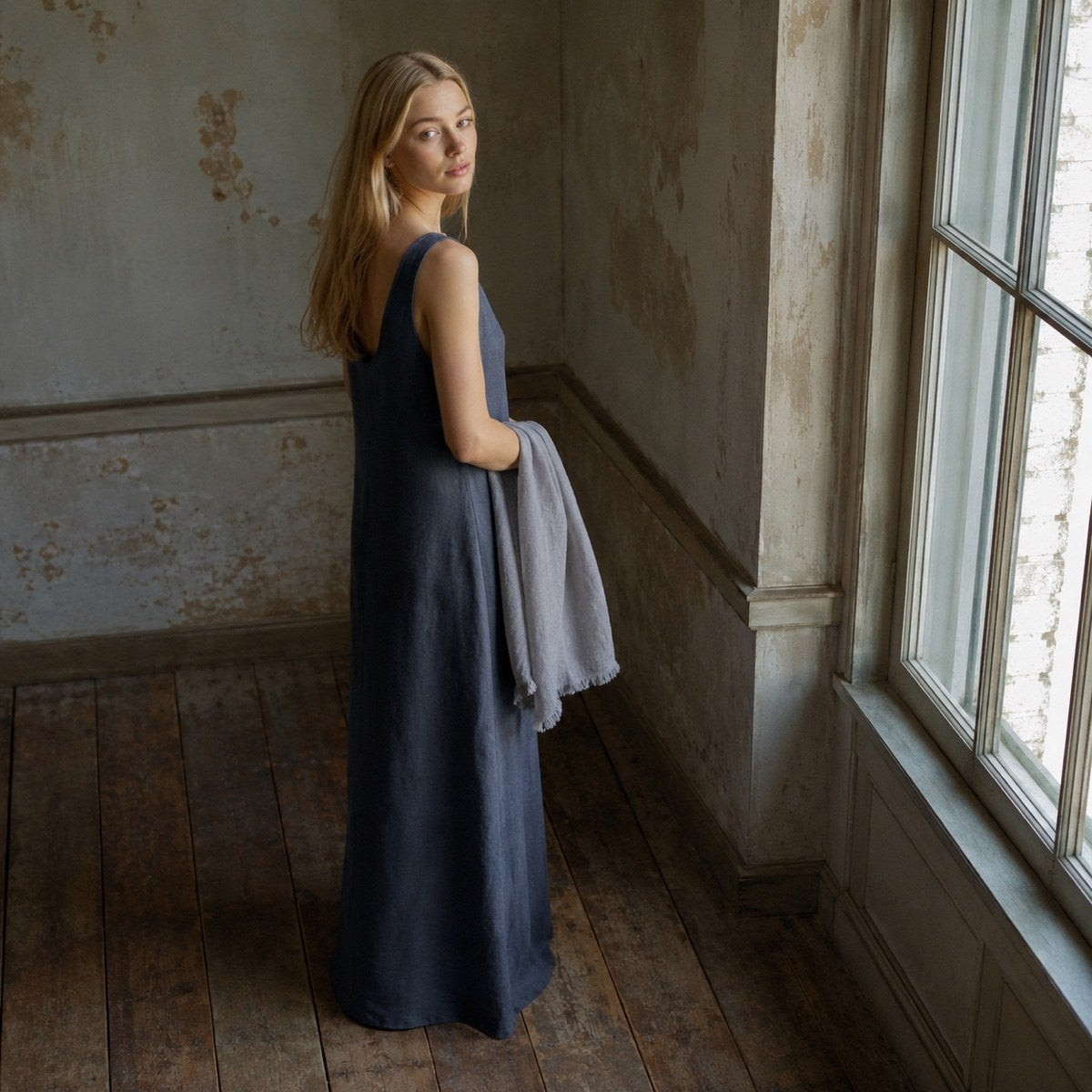 shown worn, from the side — Ravensbourne sleeveless column dress, Everyday Column Dresses by ORASCI.
