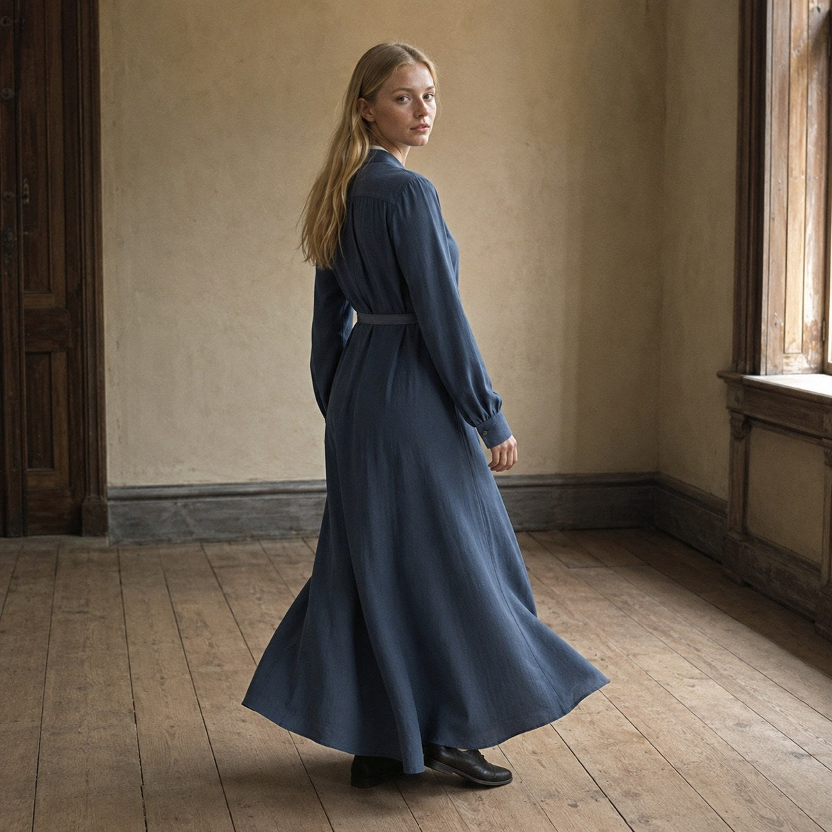 shown worn, from the side — Sorrel Field straight column dress, Everyday Column Dresses by ORASCI.