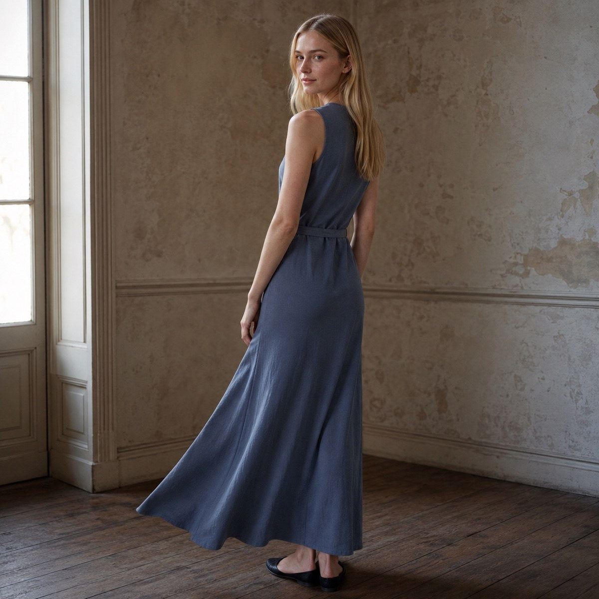shown worn, from the side — Cudham sleeveless column dress, Everyday Column Dresses by ORASCI.