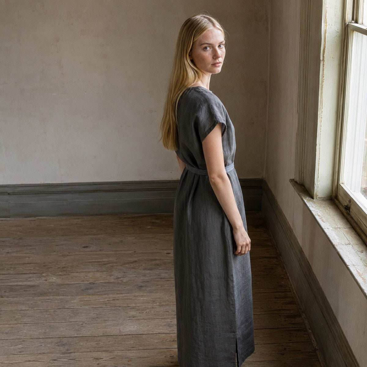 shown worn, from the side — Linden Row straight column dress, Everyday Column Dresses by ORASCI.