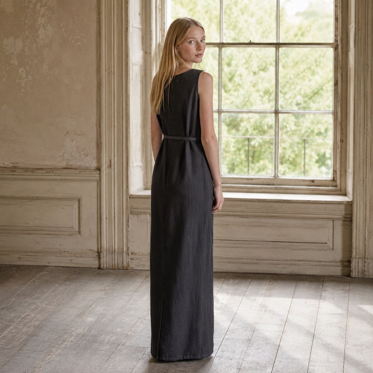 shown worn, from the side — Willow Reach straight column dress, Everyday Column Dresses by ORASCI.