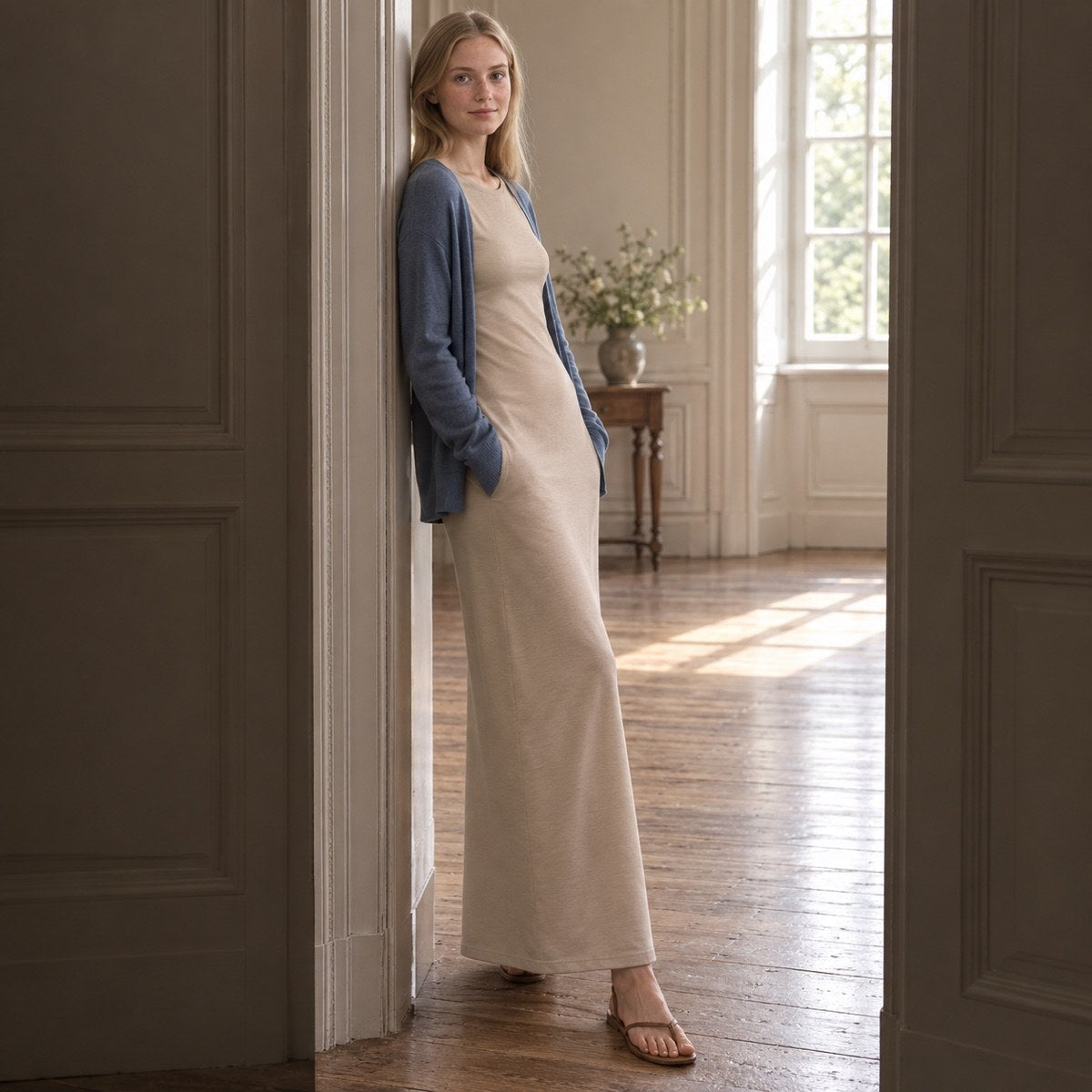 shown worn, from the side — Hayes Common straight column dress, Everyday Column Dresses by ORASCI.