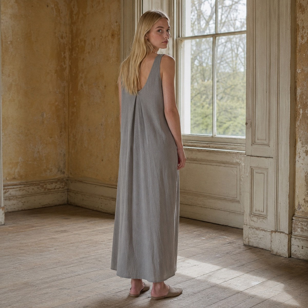 shown worn, from the side — Pearl Wharf sleeveless column dress, Everyday Column Dresses by ORASCI.