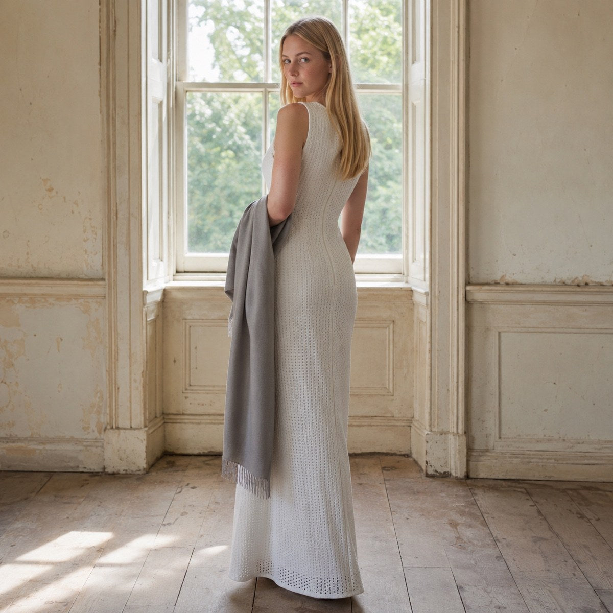 shown worn, from the side — Slate Hollow sleeveless column dress, Everyday Column Dresses by ORASCI.