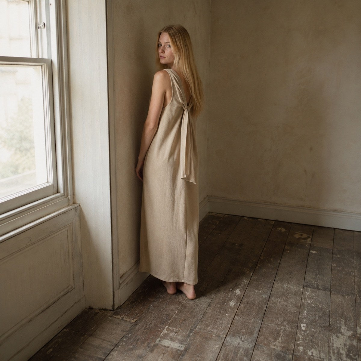shown worn, from the side — Petts Wood straight column dress, Everyday Column Dresses by ORASCI.