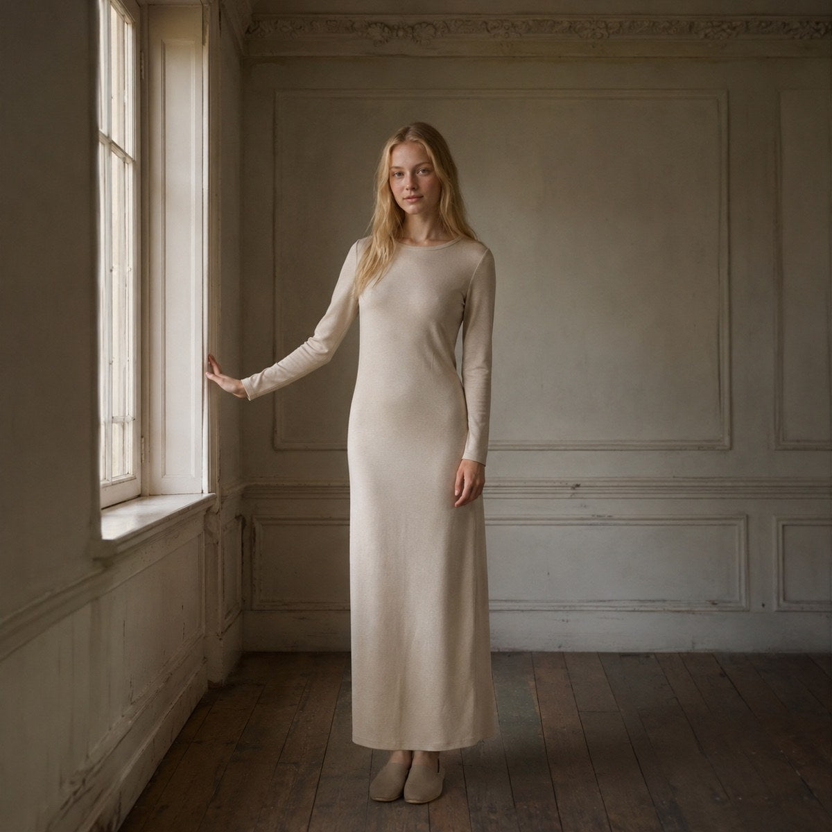 shown worn, from the side — Downe straight column dress, Everyday Column Dresses by ORASCI.