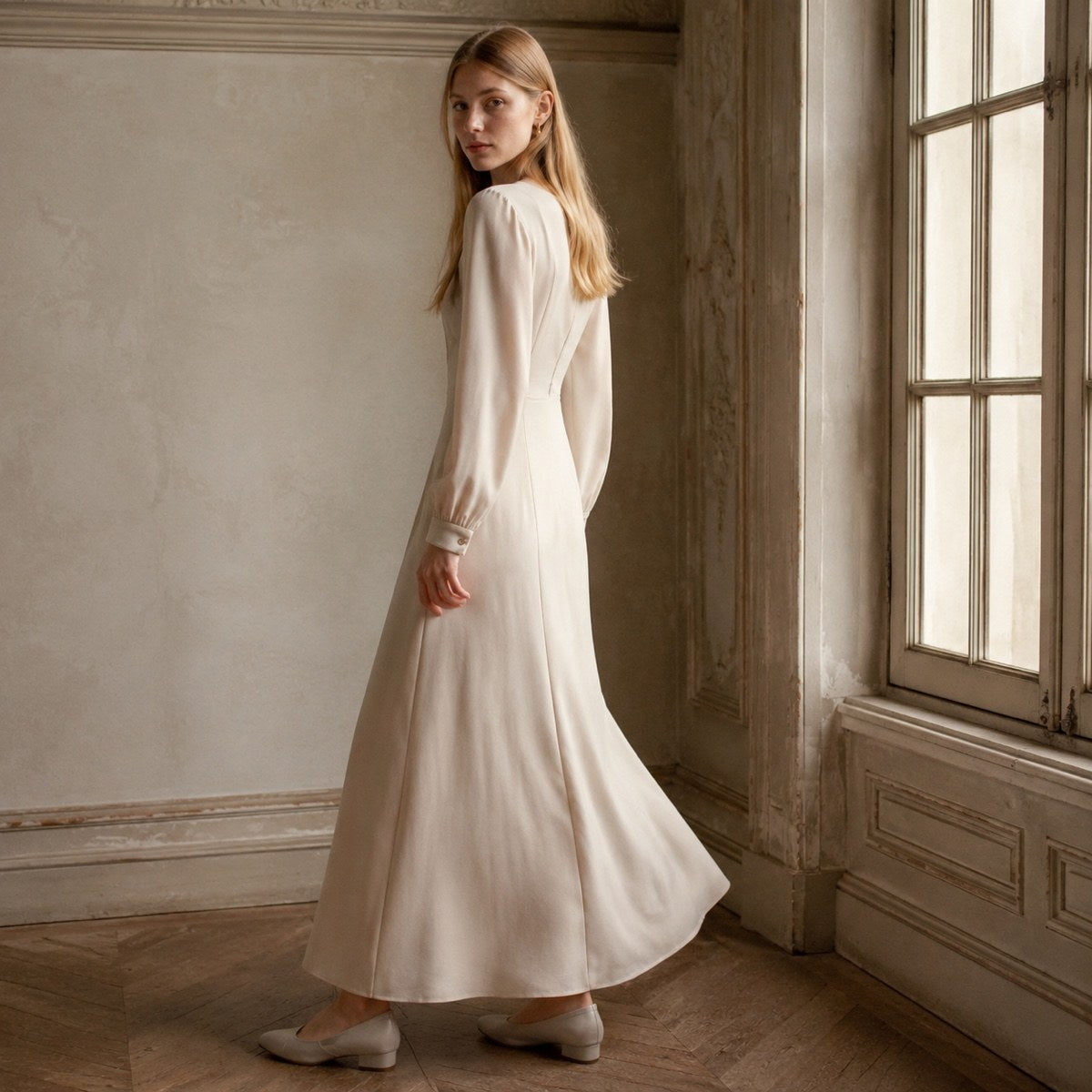 shown worn, from the side — Shortlands straight column dress, Everyday Column Dresses by ORASCI.