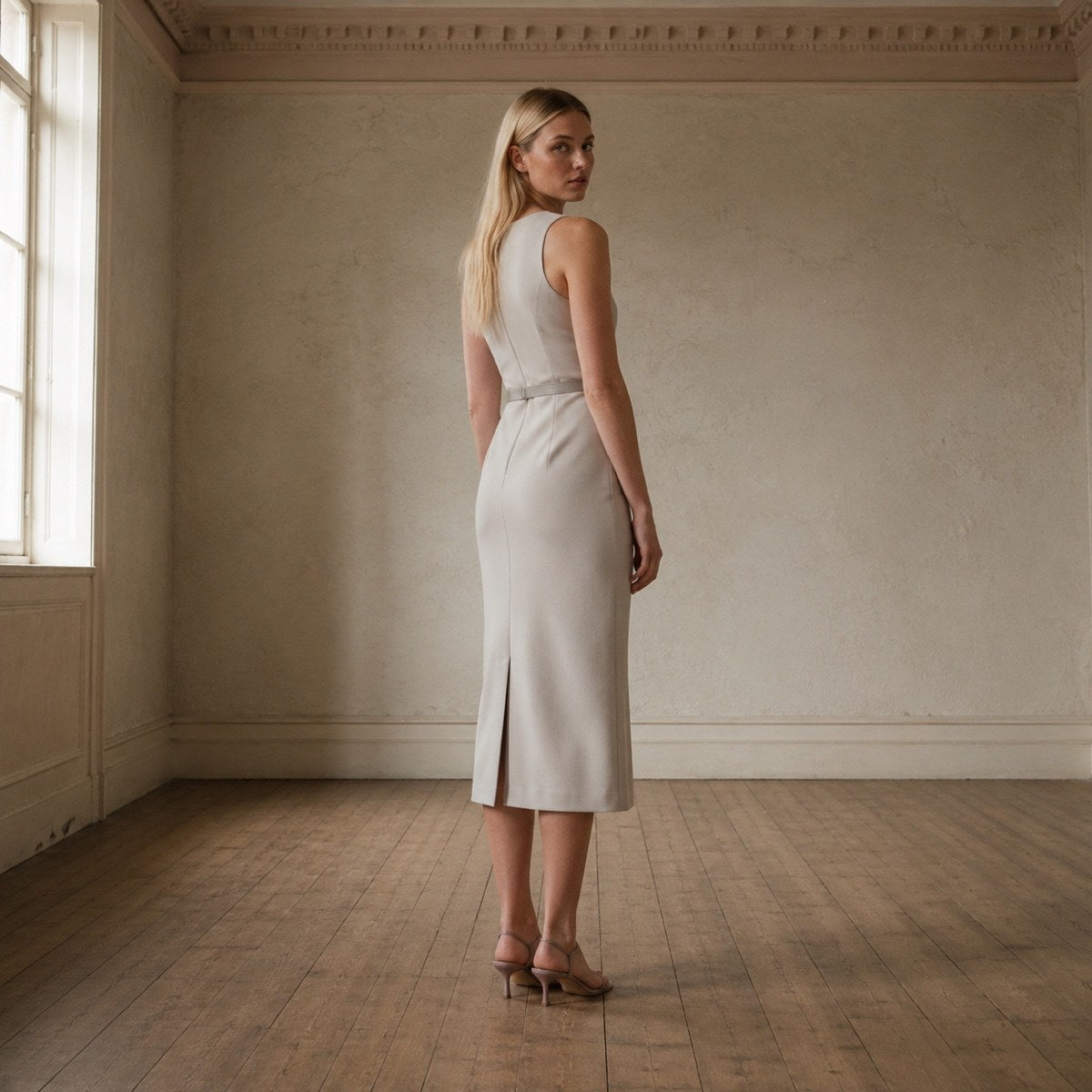 shown worn, from the side — Petts Wood body-skimming pencil dress, Evening Gowns and Body-Skimming Dresses by ORASCI.