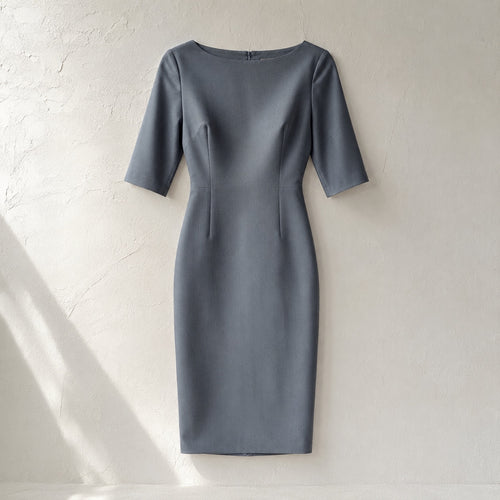 laid flat and shot from above — Slate Hollow body-skimming pencil dress, Evening Gowns and Body-Skimming Dresses by ORASCI.