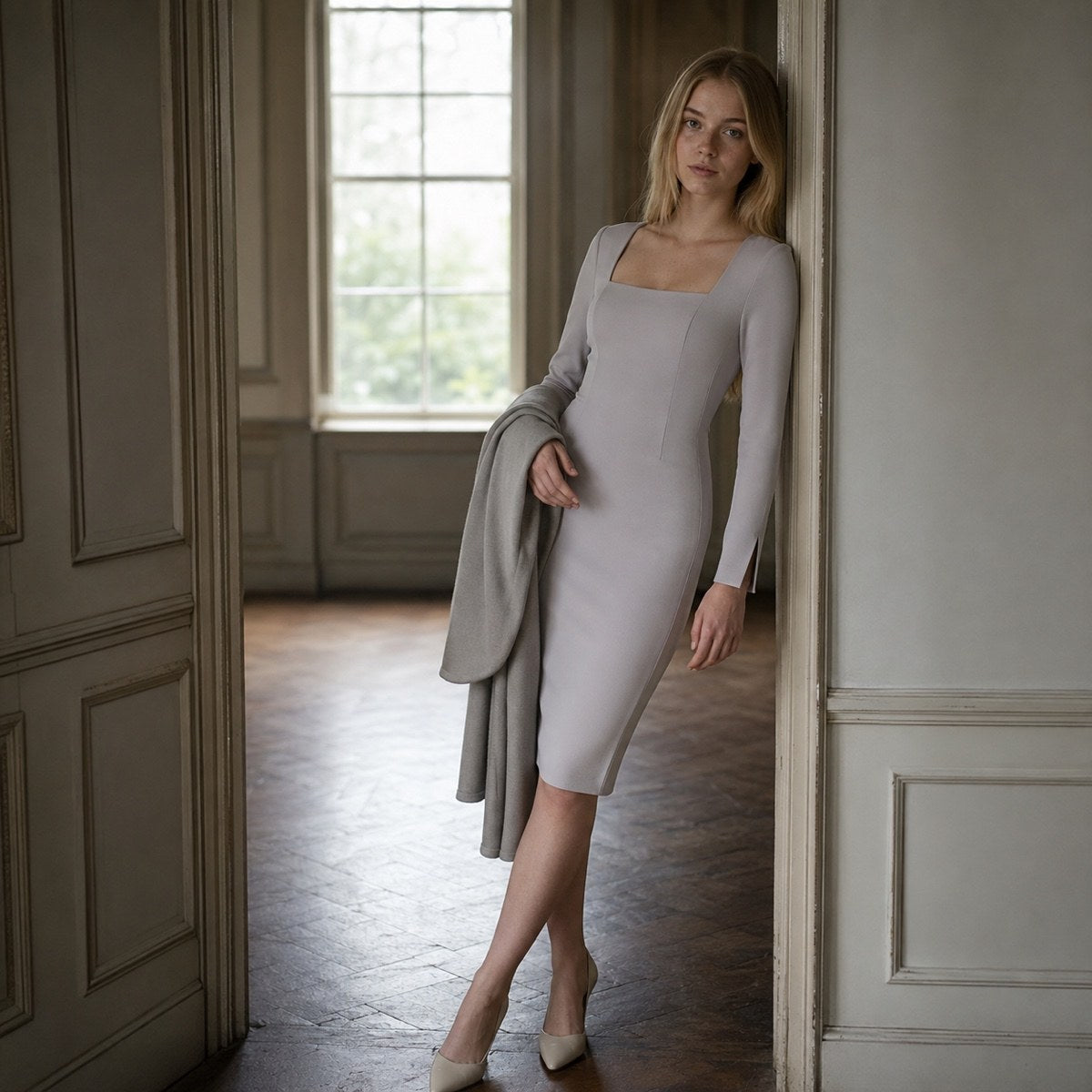 shown worn, from the side — Slate Hollow body-skimming pencil dress, Evening Gowns and Body-Skimming Dresses by ORASCI.