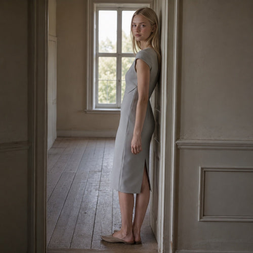 shown on the model — Pearl Wharf body-skimming pencil dress, Evening Gowns and Body-Skimming Dresses by ORASCI.