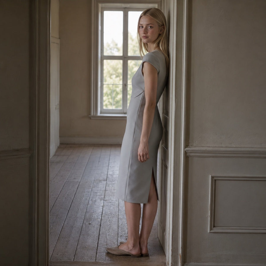 shown on the model — Pearl Wharf body-skimming pencil dress, Evening Gowns and Body-Skimming Dresses by ORASCI.