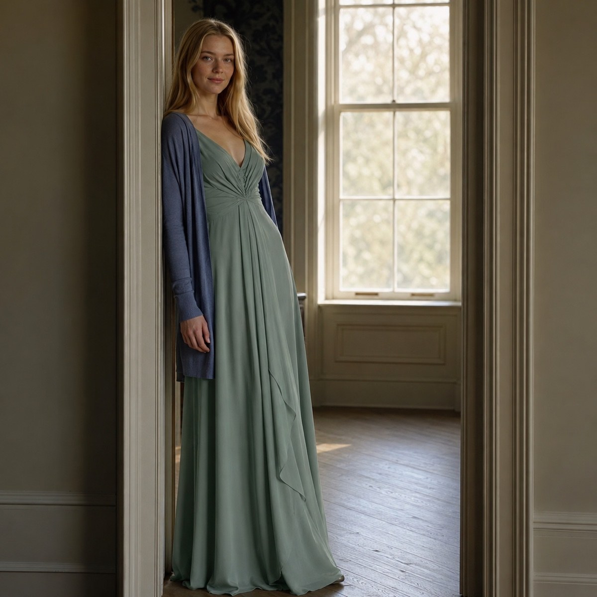 shown worn, from the side — Meadow Gate floor-length evening gown, Evening Gowns and Body-Skimming Dresses by ORASCI.