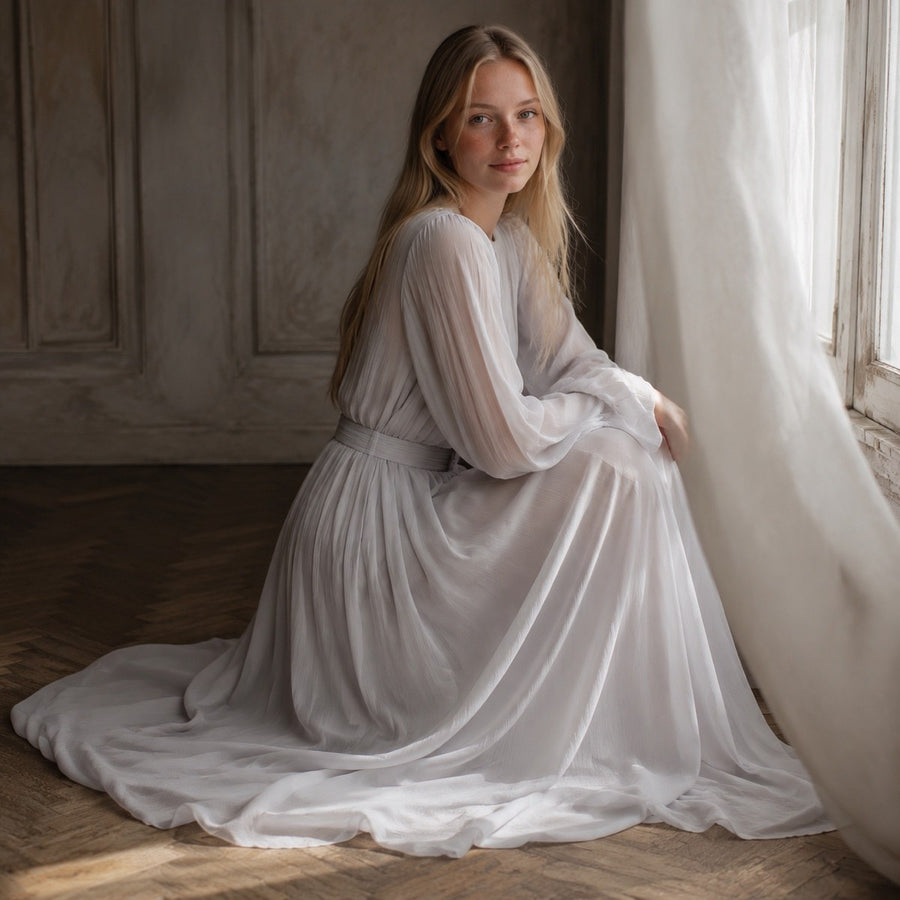 shown on the model — Hazel Court floor-length evening gown, Evening Gowns and Body-Skimming Dresses by ORASCI.
