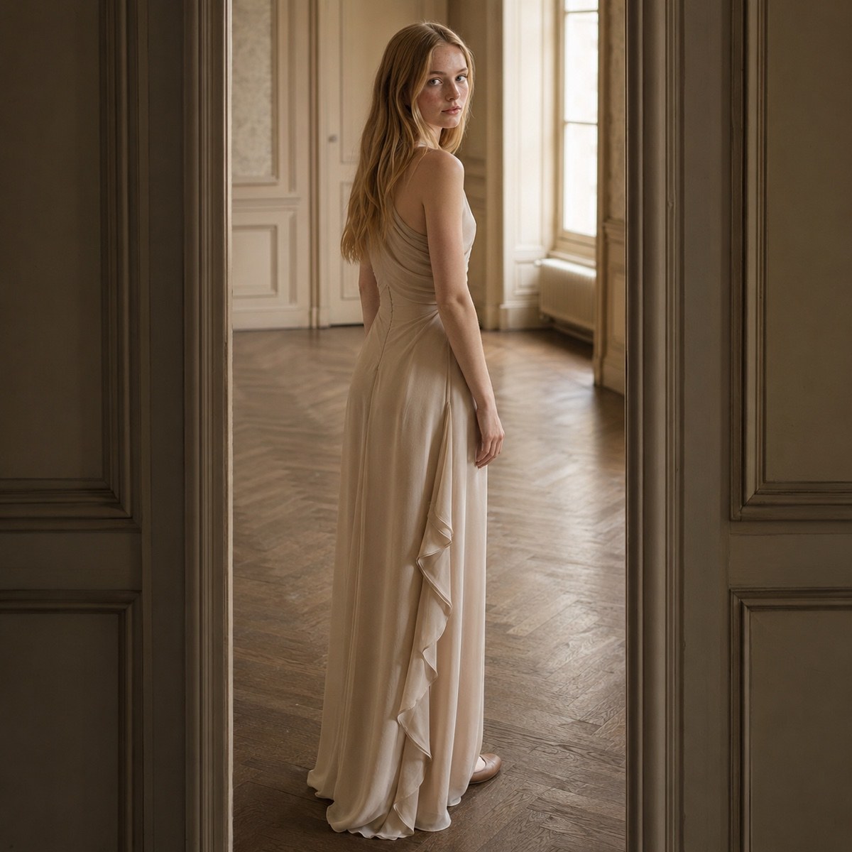 shown worn, from the side — Ravensbourne floor-length evening gown, Evening Gowns and Body-Skimming Dresses by ORASCI.