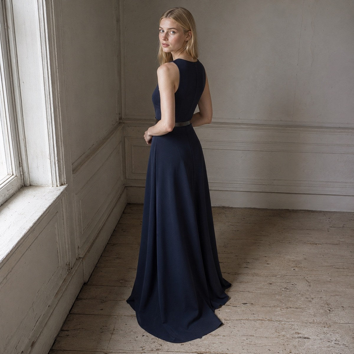 shown worn, from the side — Alder Lane floor-length evening gown, Evening Gowns and Body-Skimming Dresses by ORASCI.