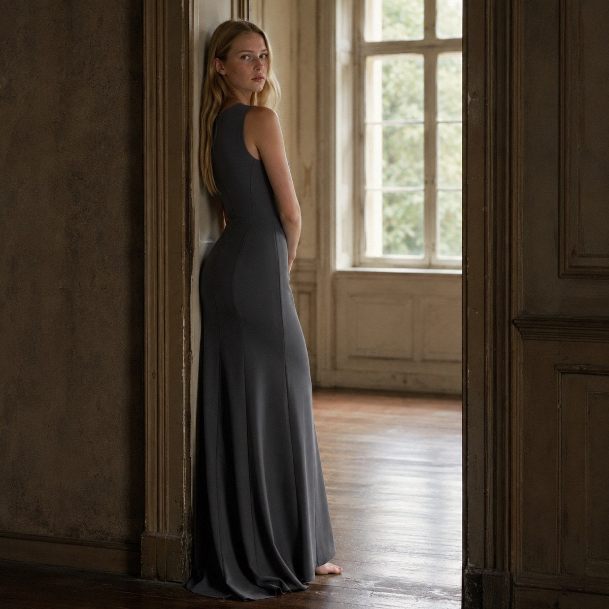 shown worn, from the side — Sorrel Field floor-length evening gown, Evening Gowns and Body-Skimming Dresses by ORASCI.