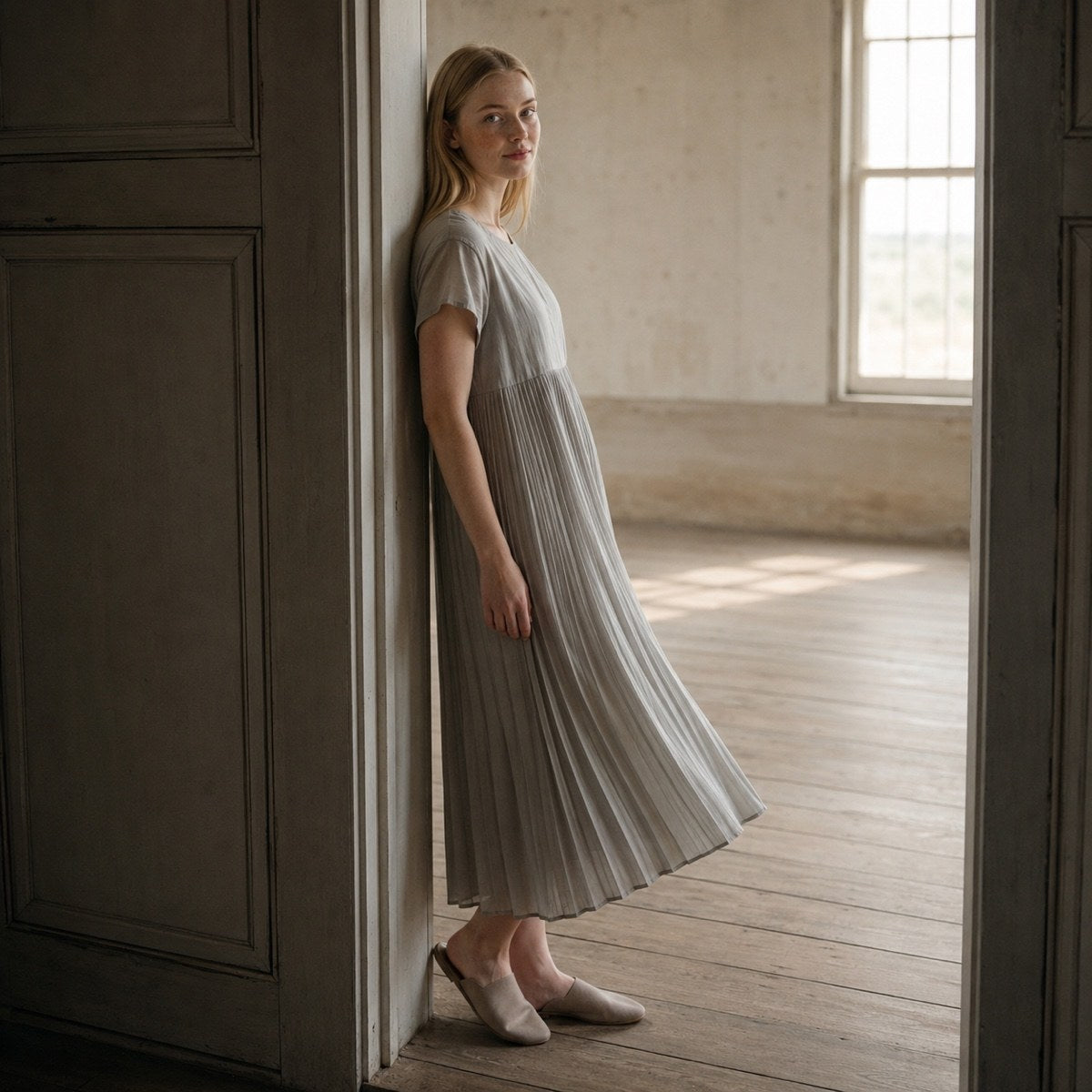 shown on the model — Chislehurst sunray-pleat midi dress, Pleated Midi Dresses by ORASCI.