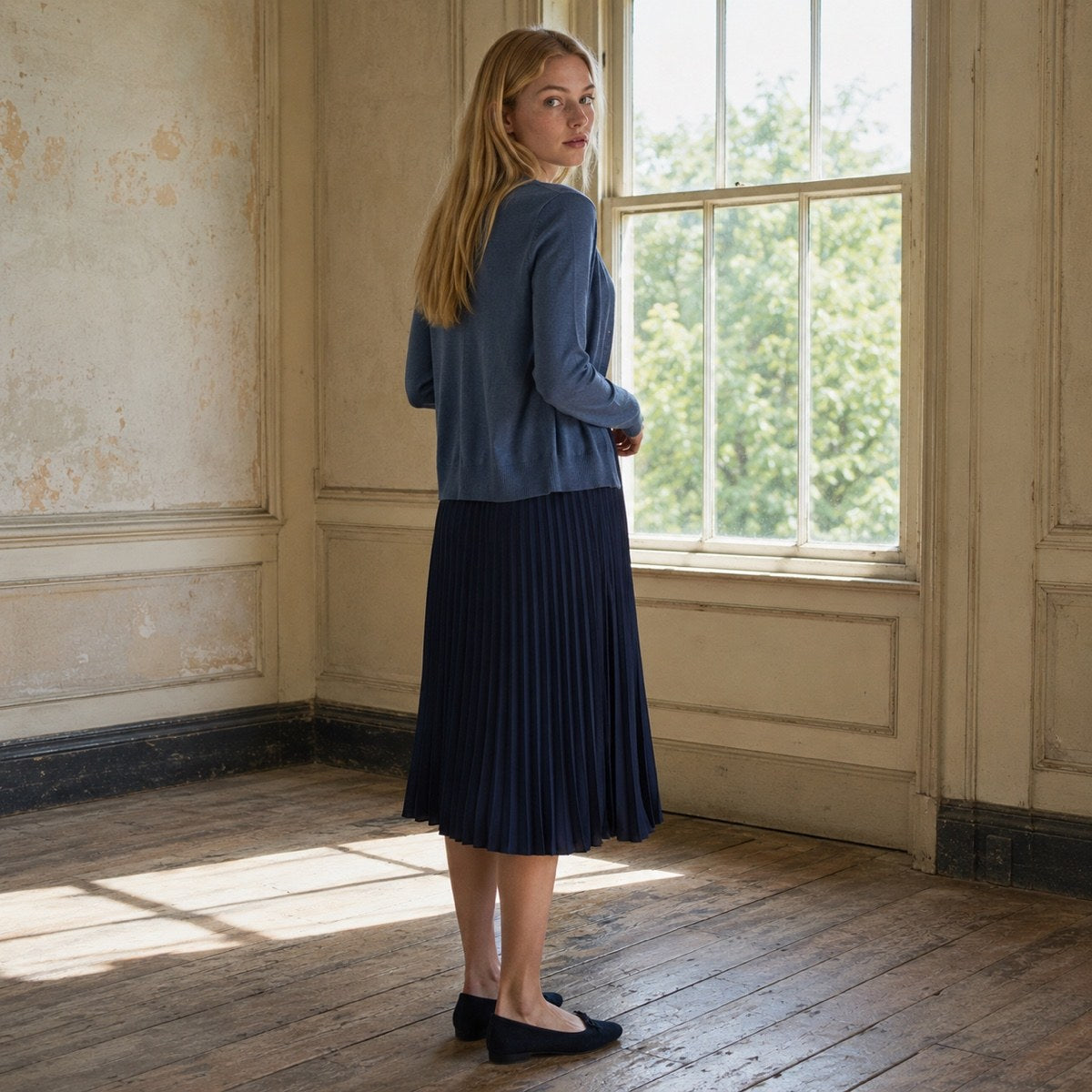 shown worn, from the side — Shortlands sunray-pleat midi dress, Pleated Midi Dresses by ORASCI.