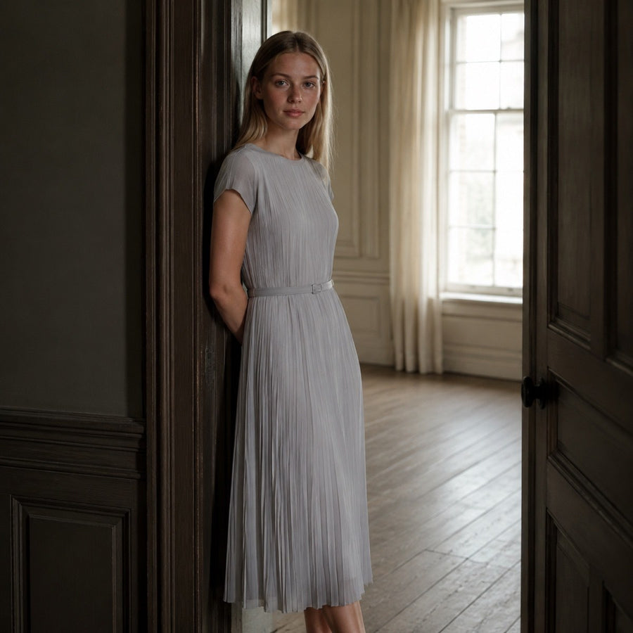 shown on the model — Alder Lane knife-pleat midi dress, Pleated Midi Dresses by ORASCI.
