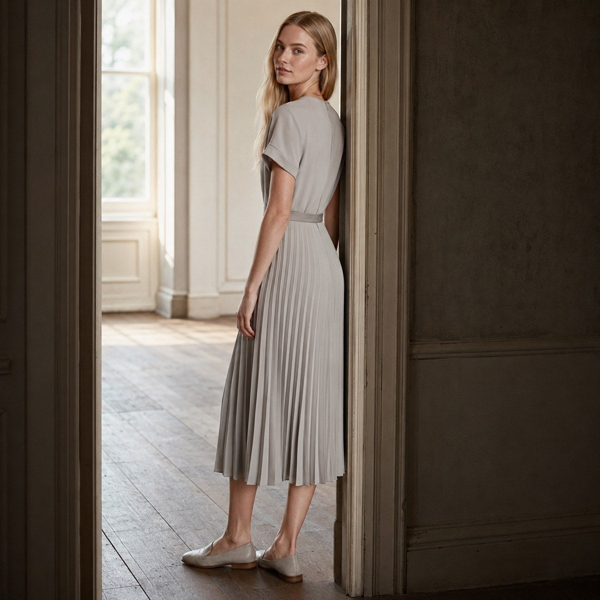 shown worn, from the side — Alder Lane knife-pleat midi dress, Pleated Midi Dresses by ORASCI.