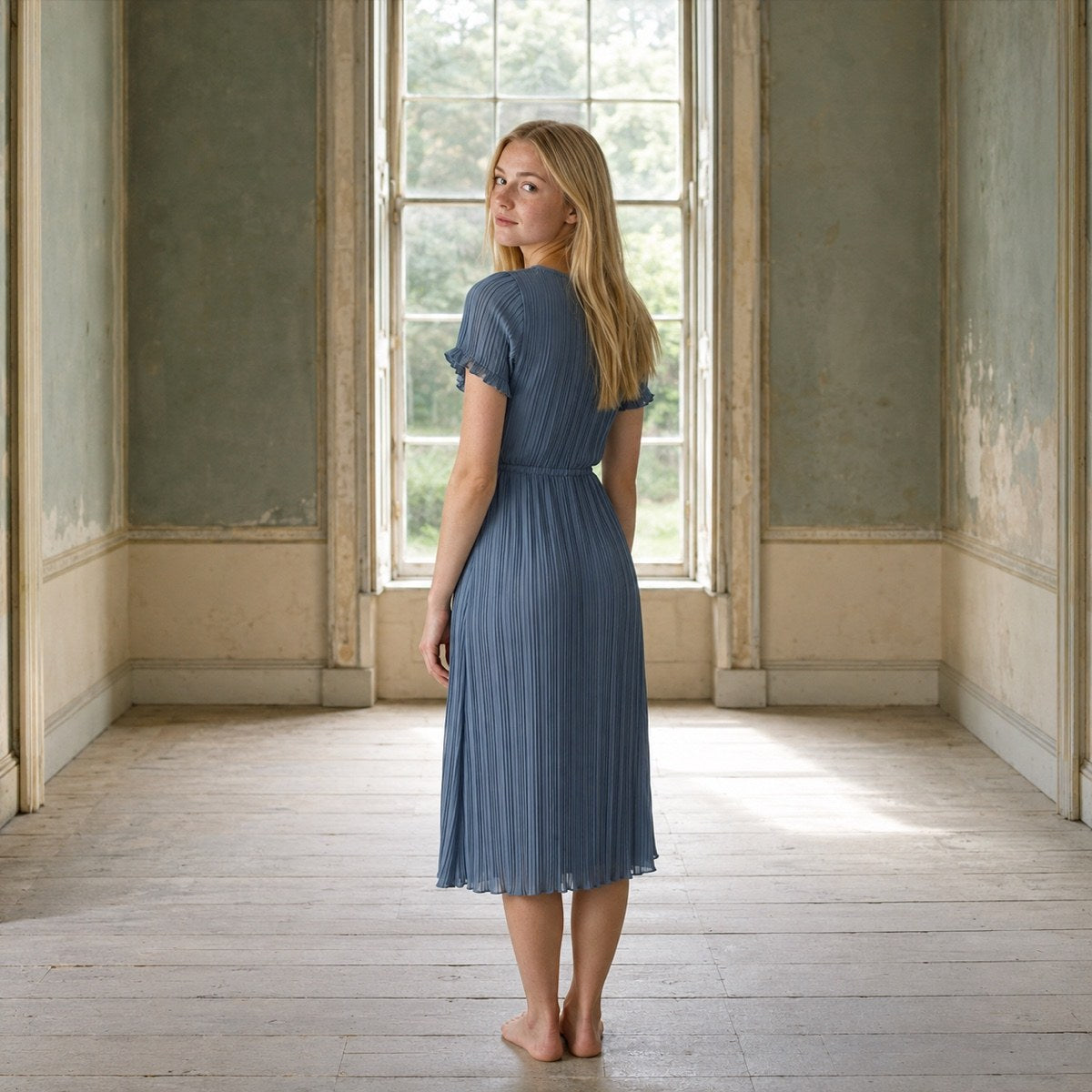 shown on the model — Bromley Vale sunray-pleat midi dress, Pleated Midi Dresses by ORASCI.