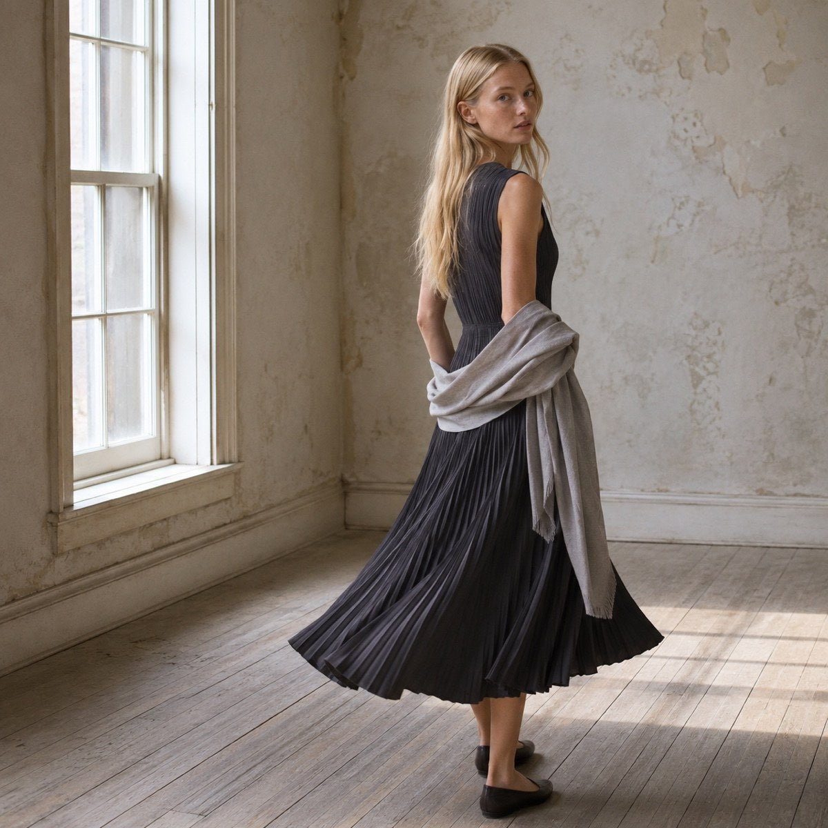 shown on the model — Elmstead sunray-pleat midi dress, Pleated Midi Dresses by ORASCI.