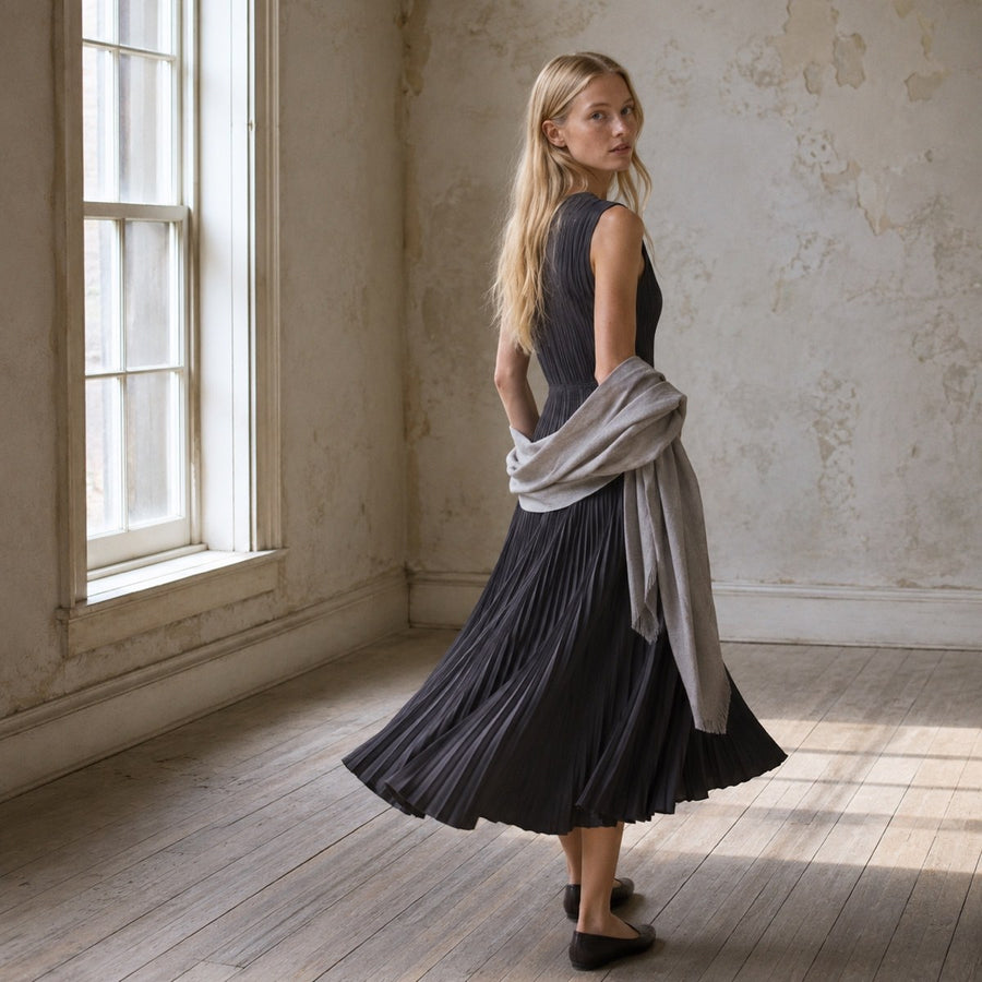 shown on the model — Elmstead sunray-pleat midi dress, Pleated Midi Dresses by ORASCI.