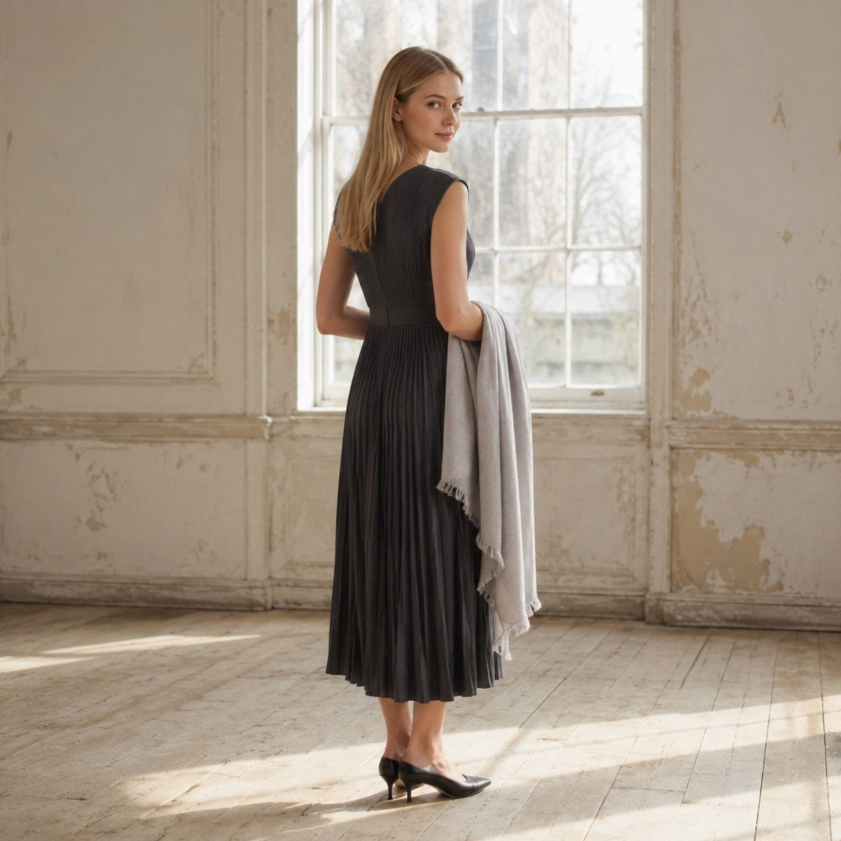 shown worn, from the side — Elmstead sunray-pleat midi dress, Pleated Midi Dresses by ORASCI.