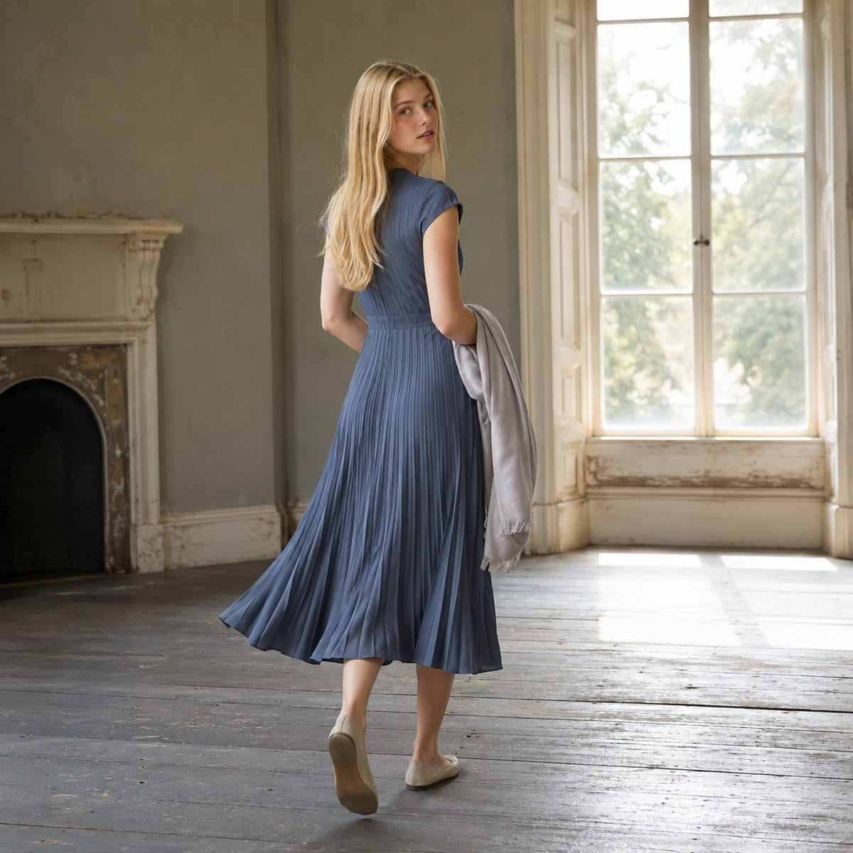 shown on the model — Hayes Common sunray-pleat midi dress, Pleated Midi Dresses by ORASCI.