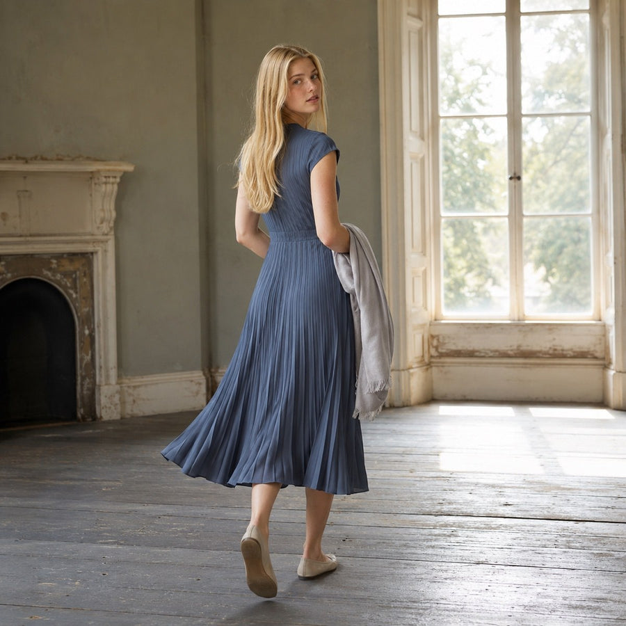 shown on the model — Hayes Common sunray-pleat midi dress, Pleated Midi Dresses by ORASCI.