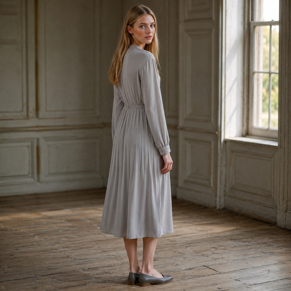 shown worn, from the side — Orpington sunray-pleat midi dress, Pleated Midi Dresses by ORASCI.