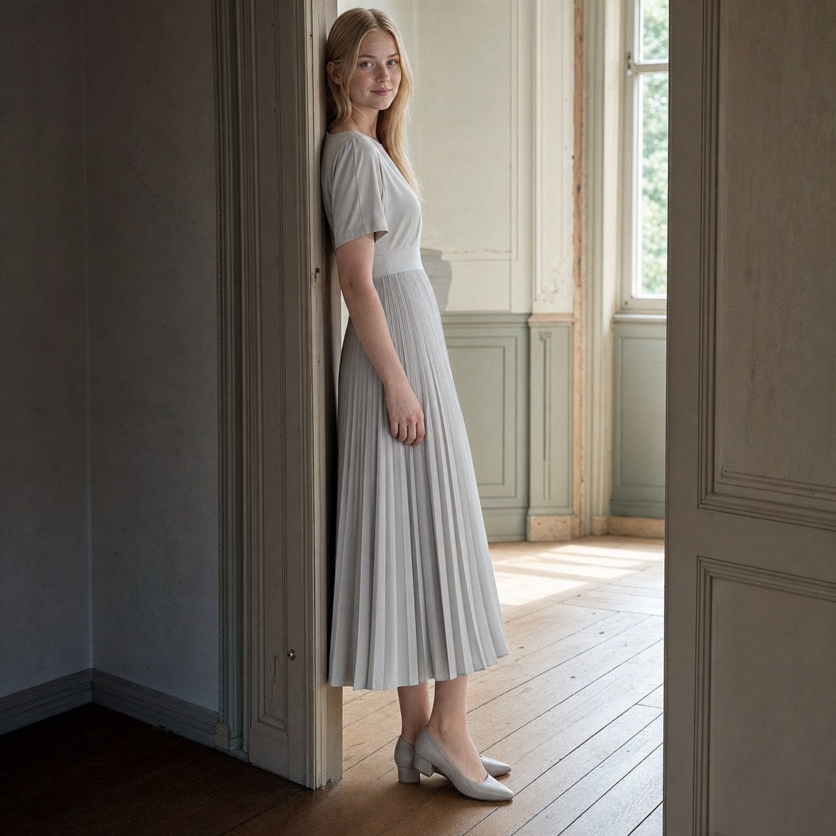 shown worn, from the side — Sorrel Field sunray-pleat midi dress, Pleated Midi Dresses by ORASCI.