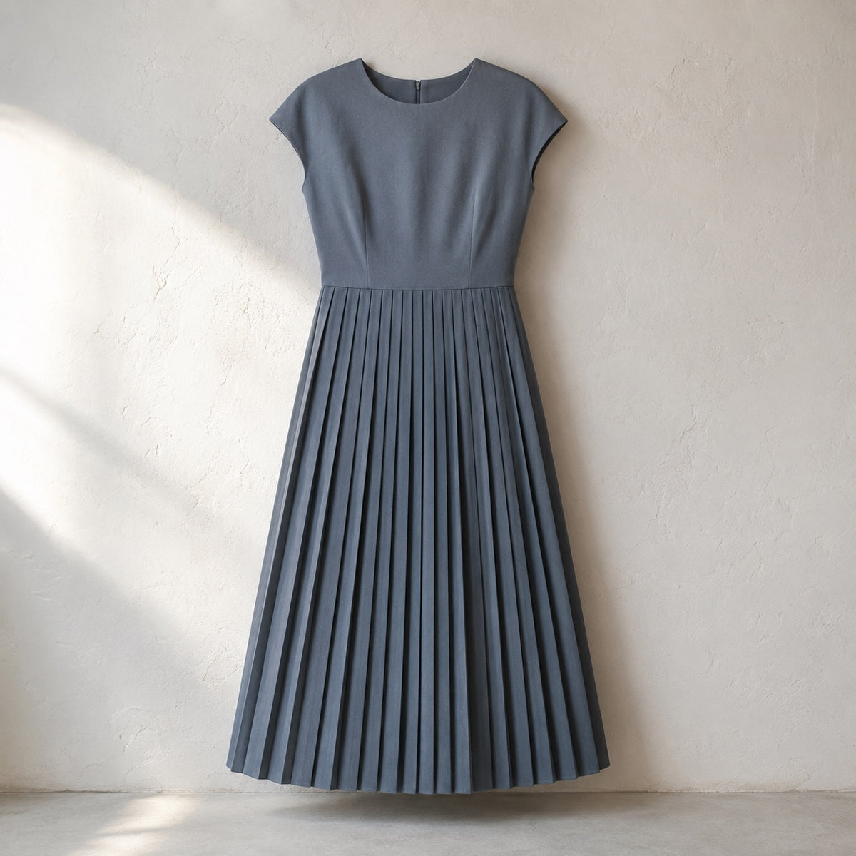 laid flat and shot from above — Meadow Gate knife-pleat midi dress, Pleated Midi Dresses by ORASCI.