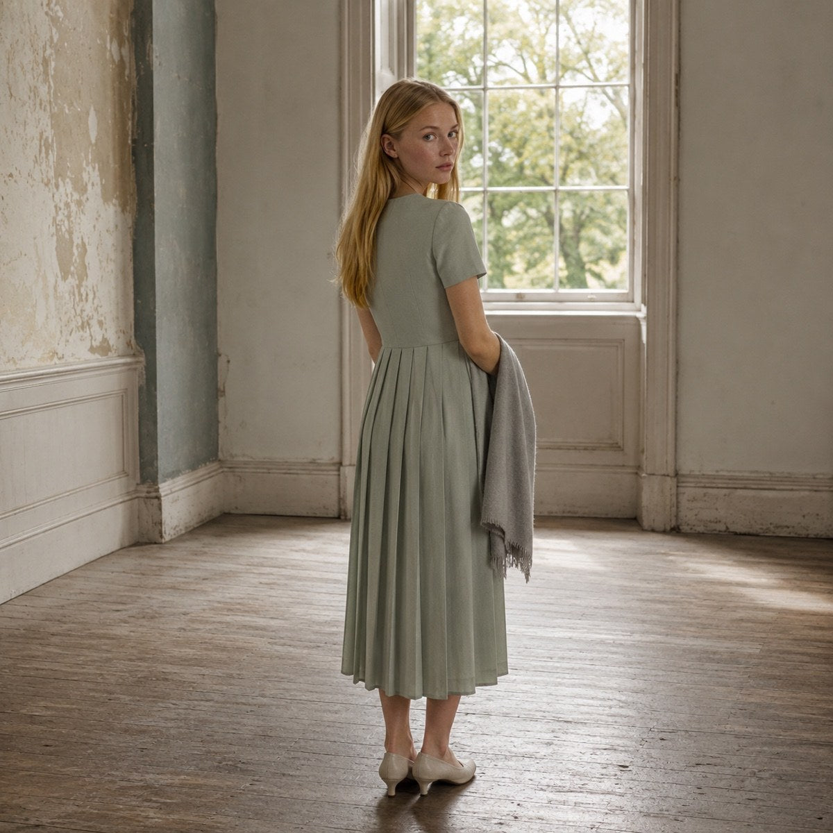 shown on the model — Meadow Gate knife-pleat midi dress, Pleated Midi Dresses by ORASCI.