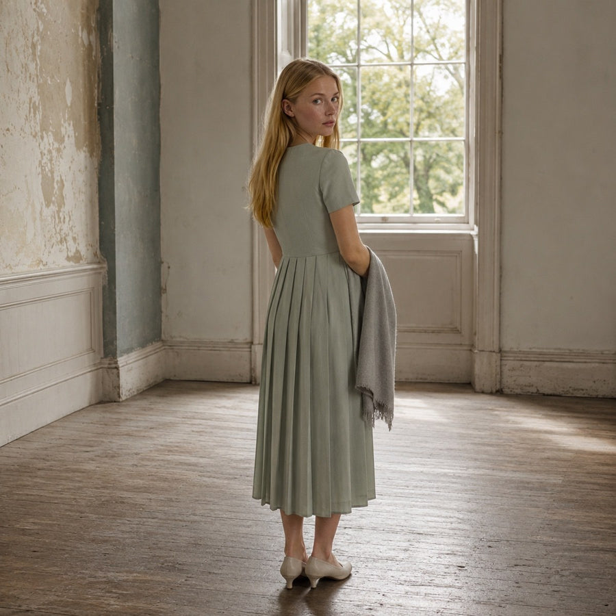 shown on the model — Meadow Gate knife-pleat midi dress, Pleated Midi Dresses by ORASCI.