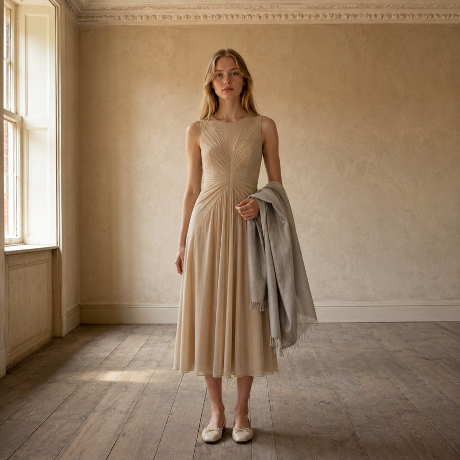 shown on the model — Ravensbourne sunray-pleat midi dress, Pleated Midi Dresses by ORASCI.