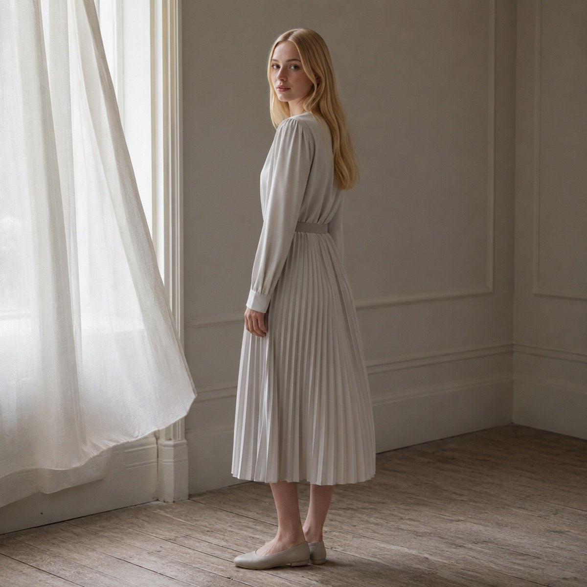 shown on the model — Willow Reach knife-pleat midi dress, Pleated Midi Dresses by ORASCI.