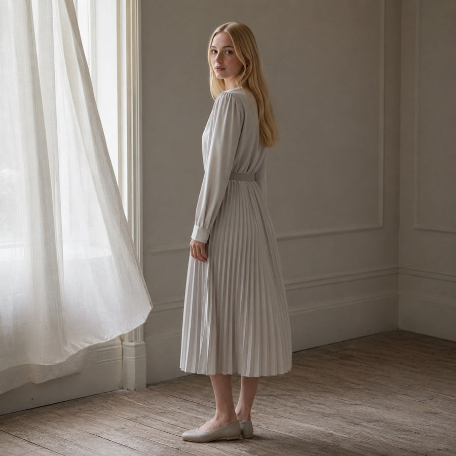 shown on the model — Willow Reach knife-pleat midi dress, Pleated Midi Dresses by ORASCI.