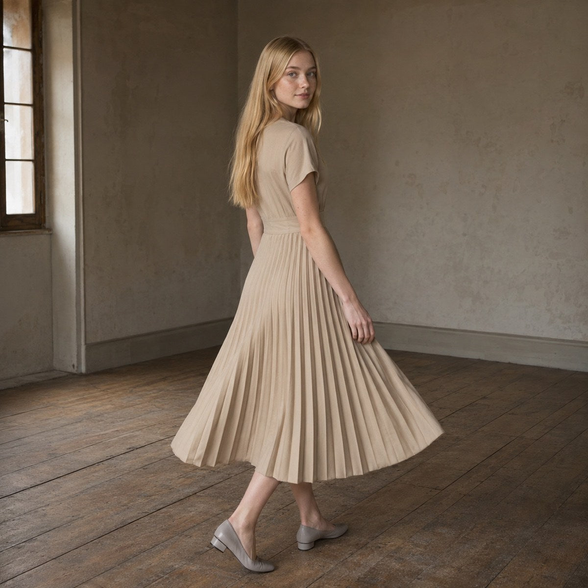 shown on the model — Petts Wood knife-pleat midi dress, Pleated Midi Dresses by ORASCI.