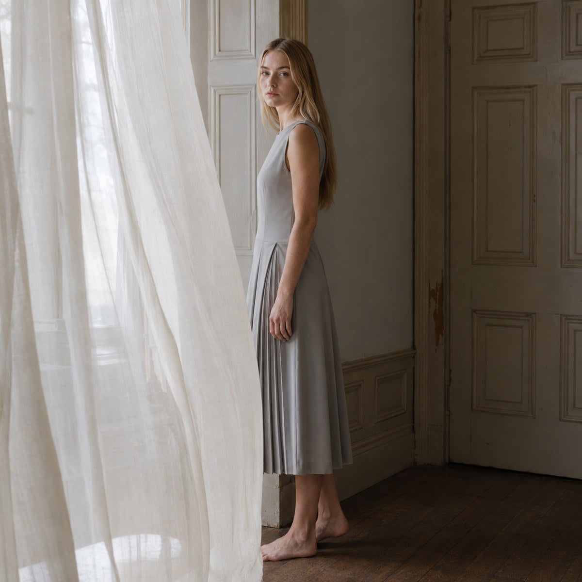 shown on the model — Hazel Court knife-pleat midi dress, Pleated Midi Dresses by ORASCI.