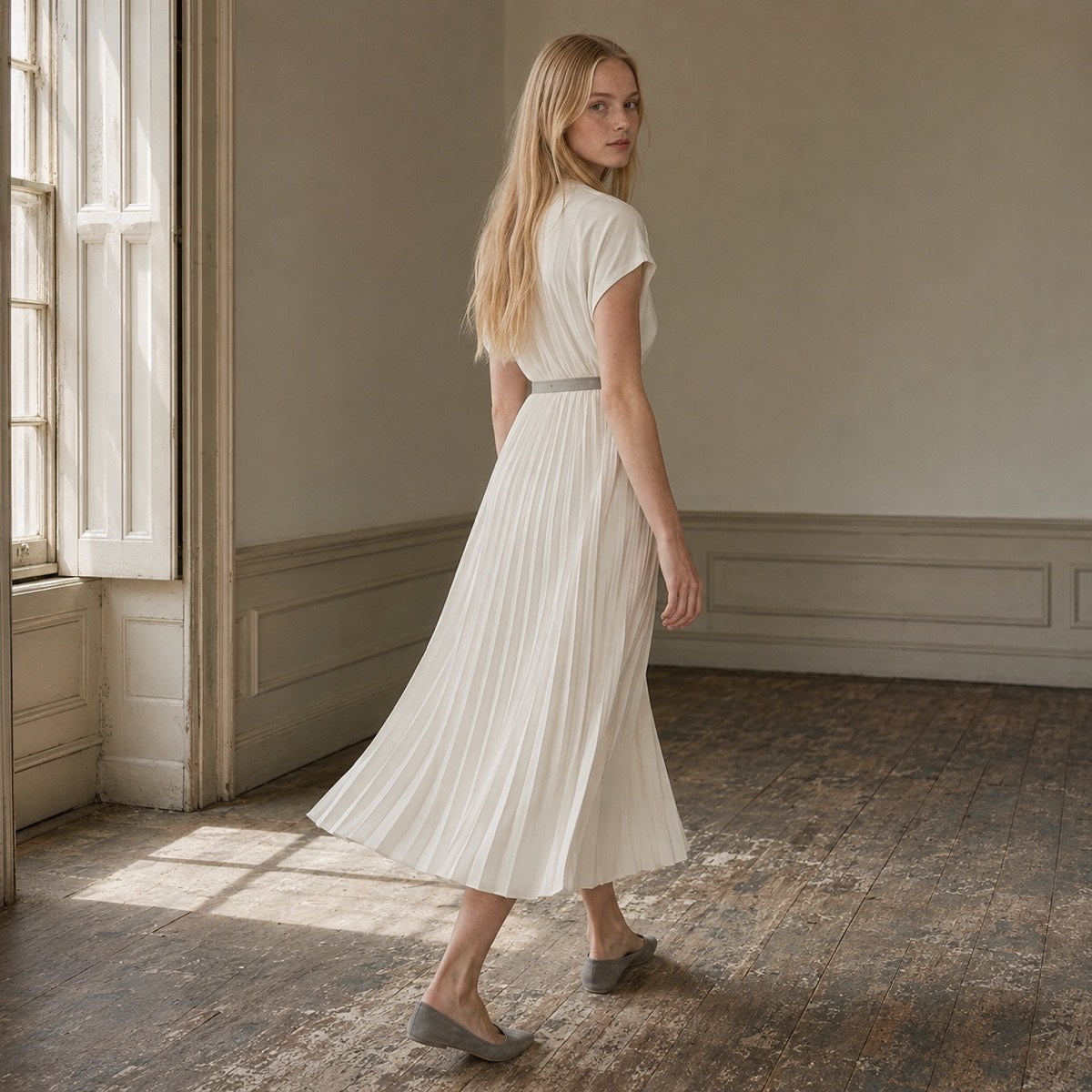 shown on the model — Cudham knife-pleat midi dress, Pleated Midi Dresses by ORASCI.