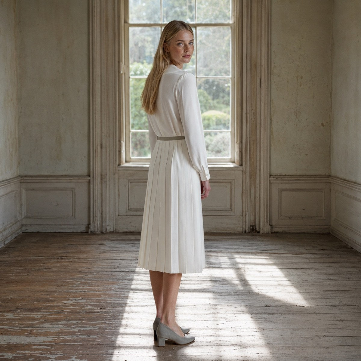 shown worn, from the side — Cudham knife-pleat midi dress, Pleated Midi Dresses by ORASCI.