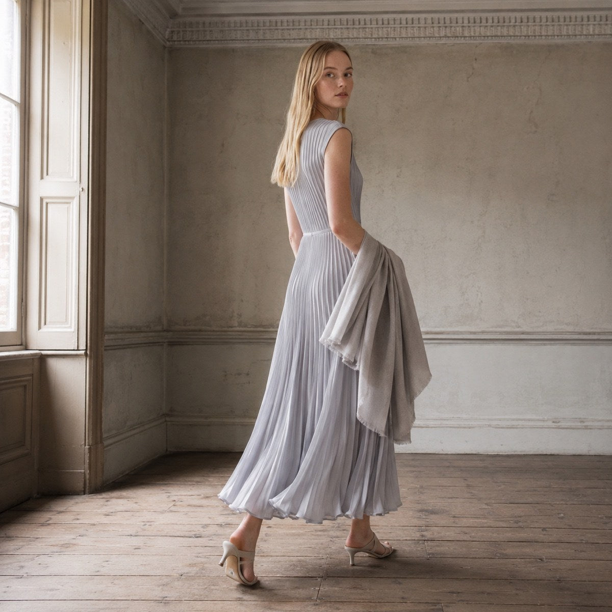 shown on the model — Downe sunray-pleat midi dress, Pleated Midi Dresses by ORASCI.