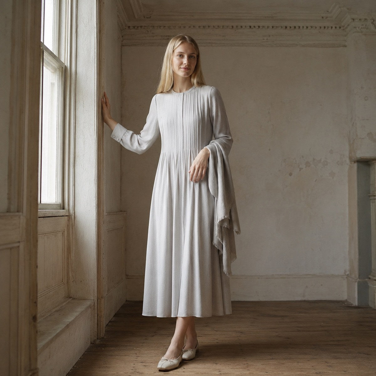 shown worn, from the side — Downe sunray-pleat midi dress, Pleated Midi Dresses by ORASCI.
