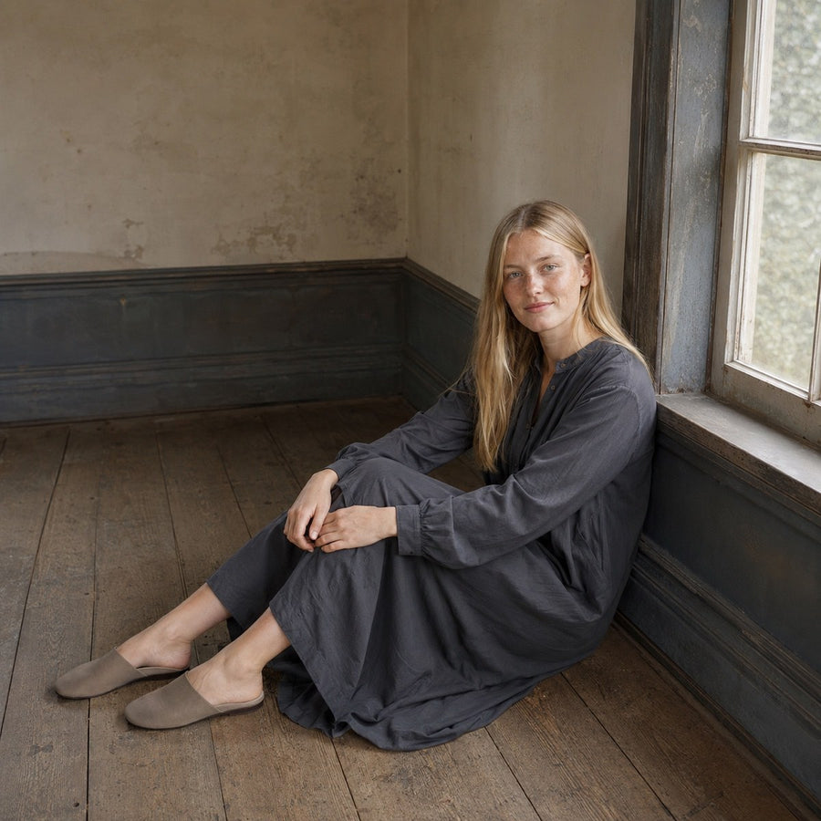 shown on the model — Slate Hollow collarless shirt dress, Shirt Dresses by ORASCI.